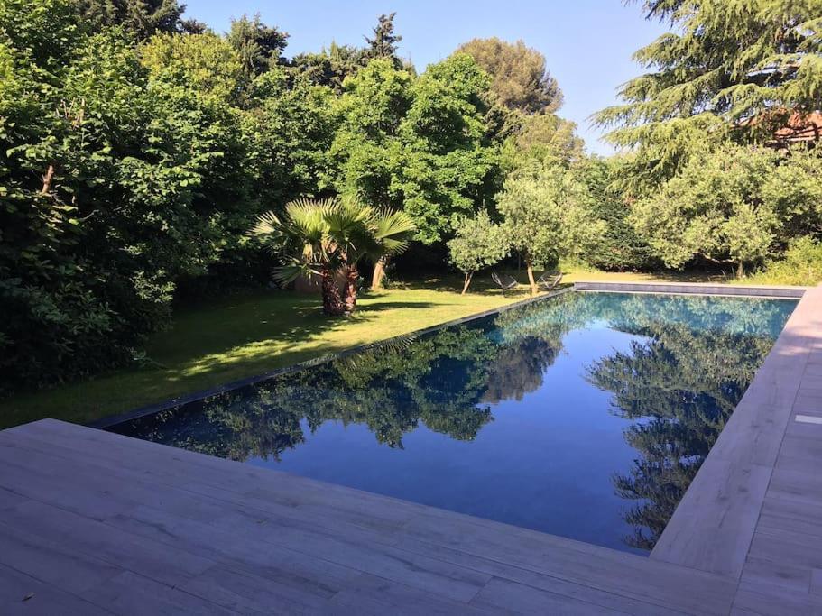 a swimming pool in a yard with trees at Un paradis avec piscine au cœur du village in Cassis