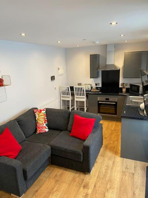 a living room with a couch and a kitchen at Maisonette flat Aberystwyth in Aberystwyth