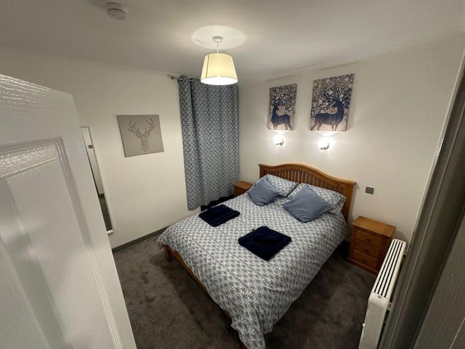 a bedroom with a bed with blue pillows on it at Riverview Apartment, Inverness in Inverness