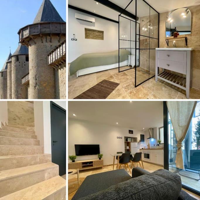 un collage de photos d'une chambre et d'un château dans l'établissement Le Saint-Jean - Cœur de La Cité Médiévale, à Carcassonne