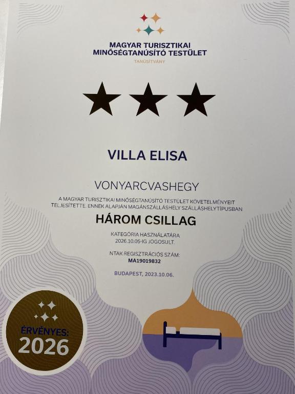 Certifikát, hodnocení, plakát nebo jiný dokument vystavený v ubytování Villa Elisa