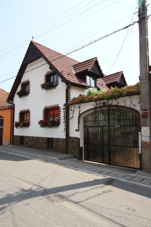 a white house with a gate and flower boxes at Casa de vacanta Vidrighin in Rau Sadului