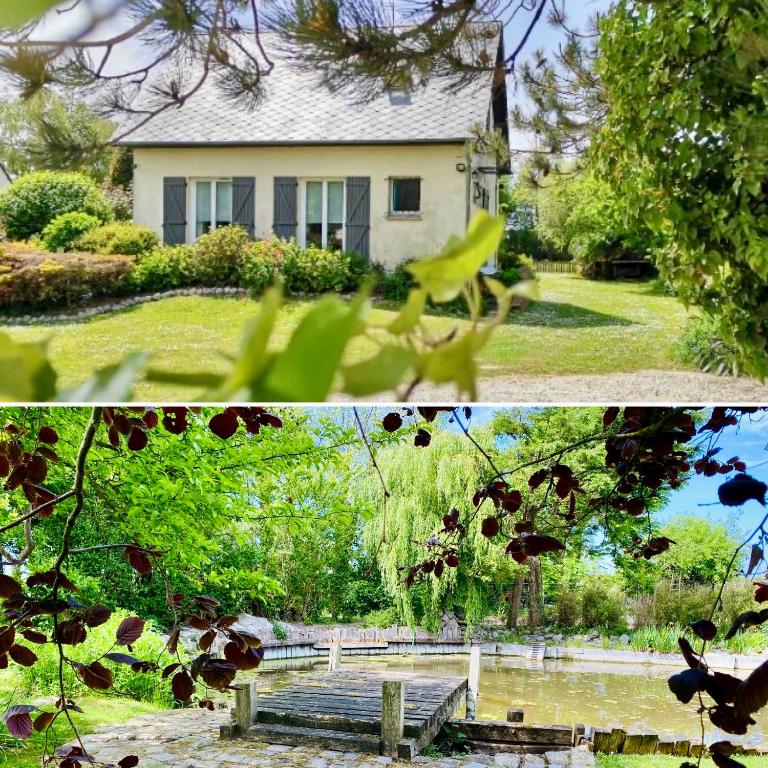 two pictures of a house and a park with a bench at le gîte de Martine en Baie de Somme in Lanchères