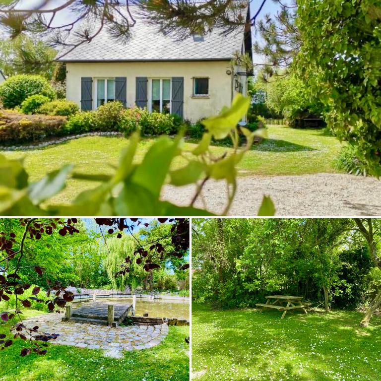 a collage of pictures of a yard with a house at le gîte de Martine en Baie de Somme in Lanchères