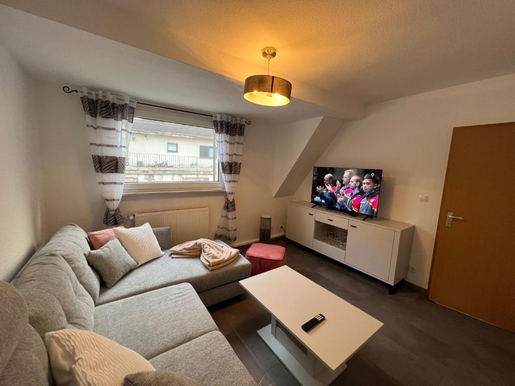 ein Wohnzimmer mit Couch und Flachbildfernseher in der Unterkunft Ferienhaus am Bach Koblenz in Koblenz