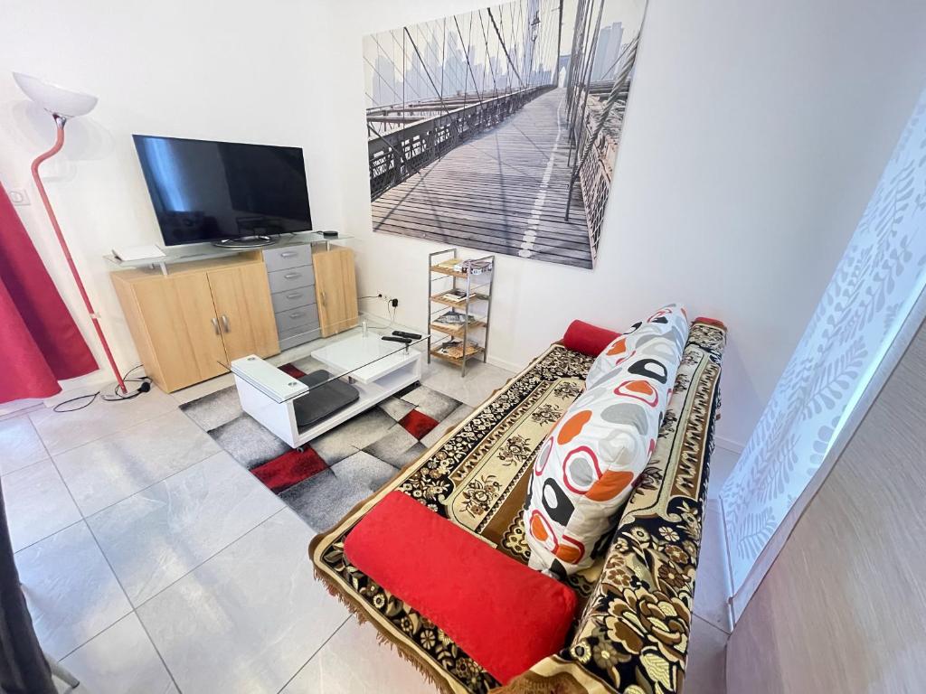 ein Wohnzimmer mit einem Sofa und einem Flachbild-TV in der Unterkunft nuovo appartamento saint louis 68300 tra francia e svizzera in Saint-Louis