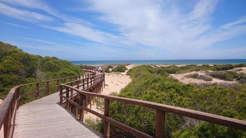 een houten promenade over een strand bij de oceaan bij Gran Alicante Bungalow in Beach Resort in Puerto Marino