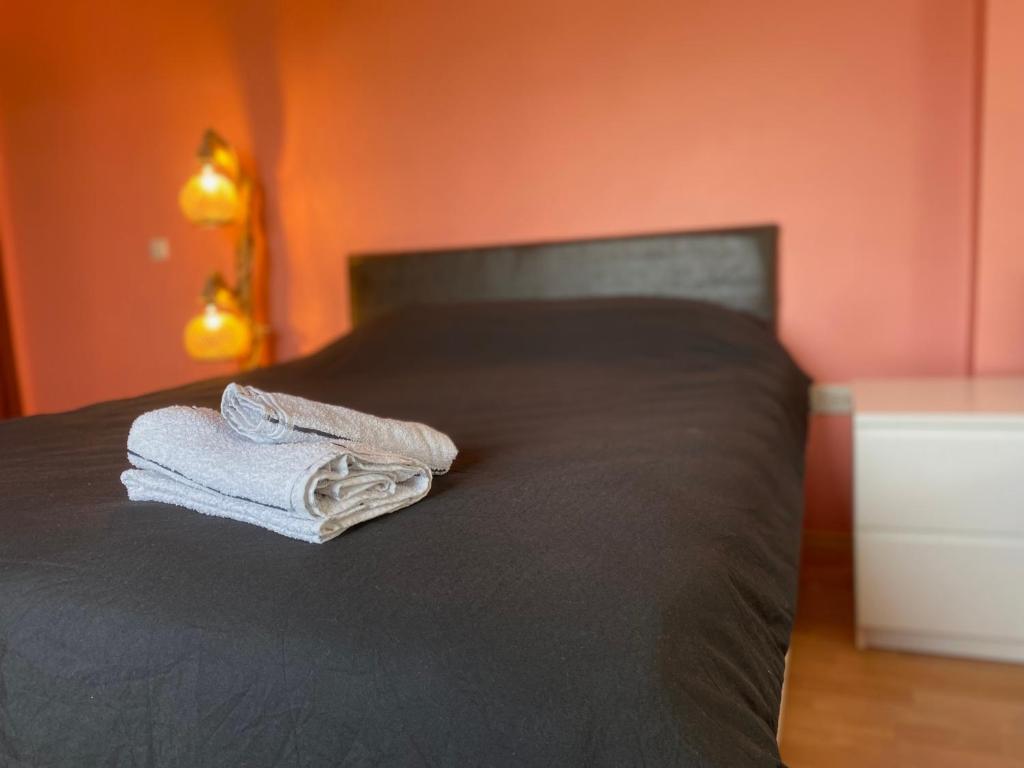 two towels sitting on top of a bed at Spacious house near the airport in Arnavutköy