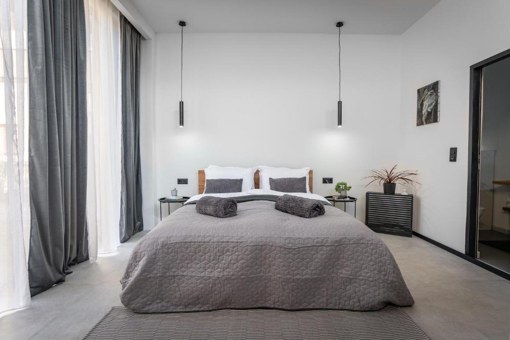ヴィソコにあるUrban city apartmentの大きなベッドと大きな窓のある寝室