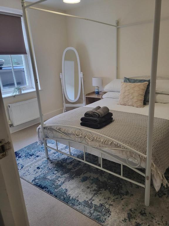 a bedroom with a canopy bed with a mirror at Charming 2-Bedroom Retreats in Axminster