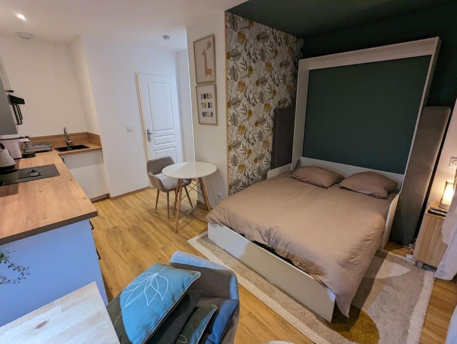 1 Schlafzimmer mit einem großen Bett und einer Küche in der Unterkunft Le Green Moderne centre ville parking gratuit in Montluçon