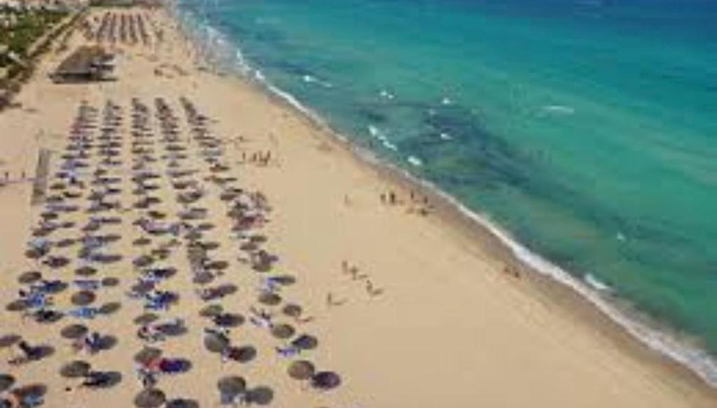 a sandy beach with umbrellas and the ocean at APPART SARAH Plage in Hammamet Nord