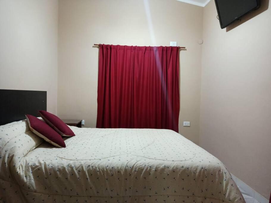 um quarto com uma cama com uma cortina vermelha em Nuevo Amanecer en San Fdo del Valle de Catamarca em San Fernando del Valle de Catamarca