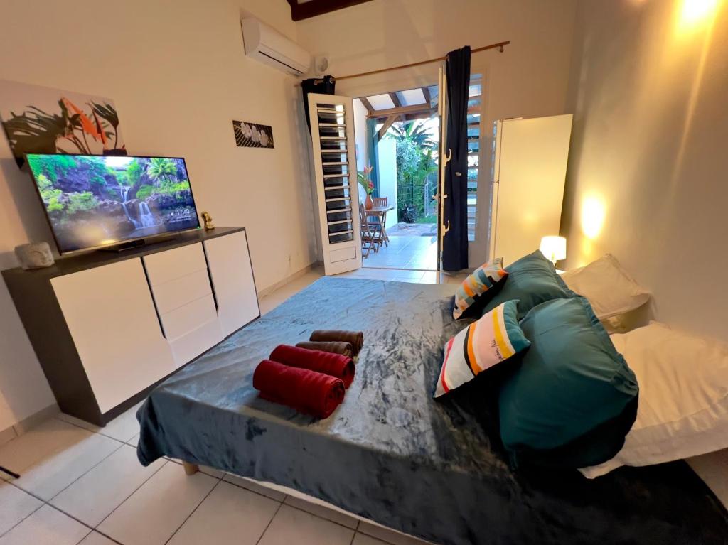 TV a/nebo společenská místnost v ubytování Mabouya cosy vue mer, jacuzzi, jardin