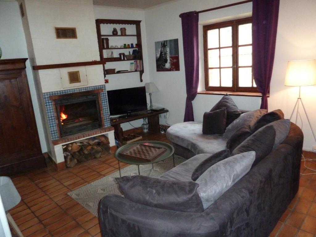 sala de estar con sofá y chimenea en GITE "LES GILLES" ET SES ANIMAUX CALME-BON AIR - 5 personnes en Pinet
