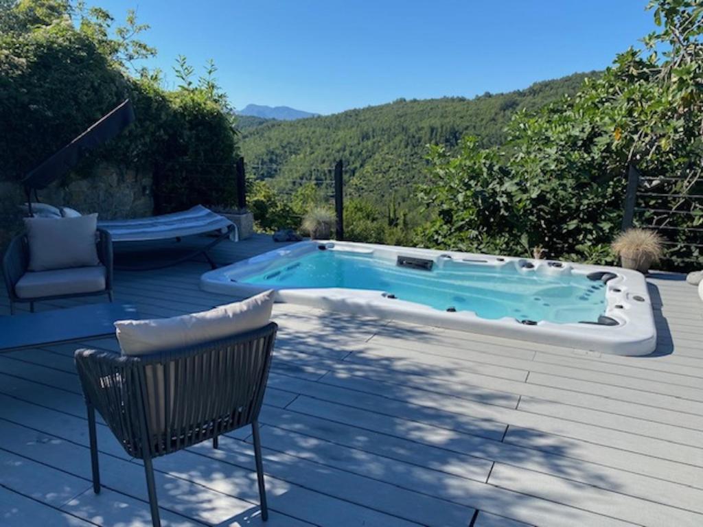 een zwembad op een terras met een stoel en een tafel bij Sotto il fico in Agnino