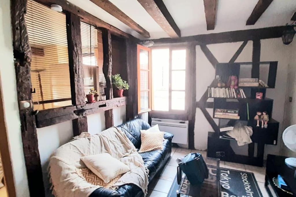 un salon avec un canapé et une fenêtre dans l'établissement T2 Appartement cosy centre historique, à Bourges