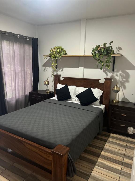 1 dormitorio con 1 cama grande y 2 mesitas de noche en Villa bonita, en Puerto Jiménez