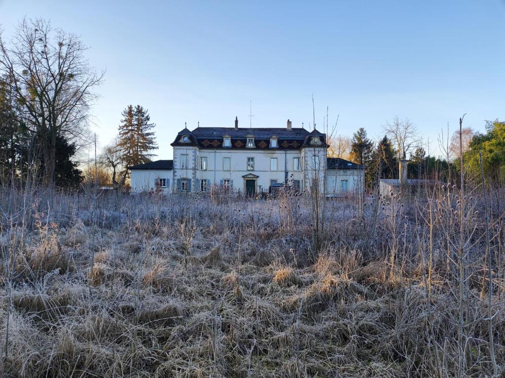 an old white house sitting in a field at La Marlienne - Appartement T3 dans un château 