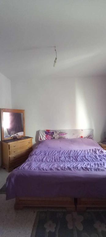 a bedroom with a purple bed and a television at Le Kram House in La Goulette