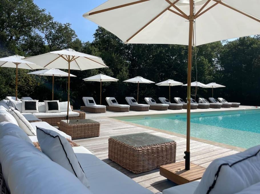 - une piscine avec des chaises longues et des parasols à côté de la piscine dans l'établissement La chêneraie de Tomélou - belle propriété avec piscine chauffée et gardien, à Grignols