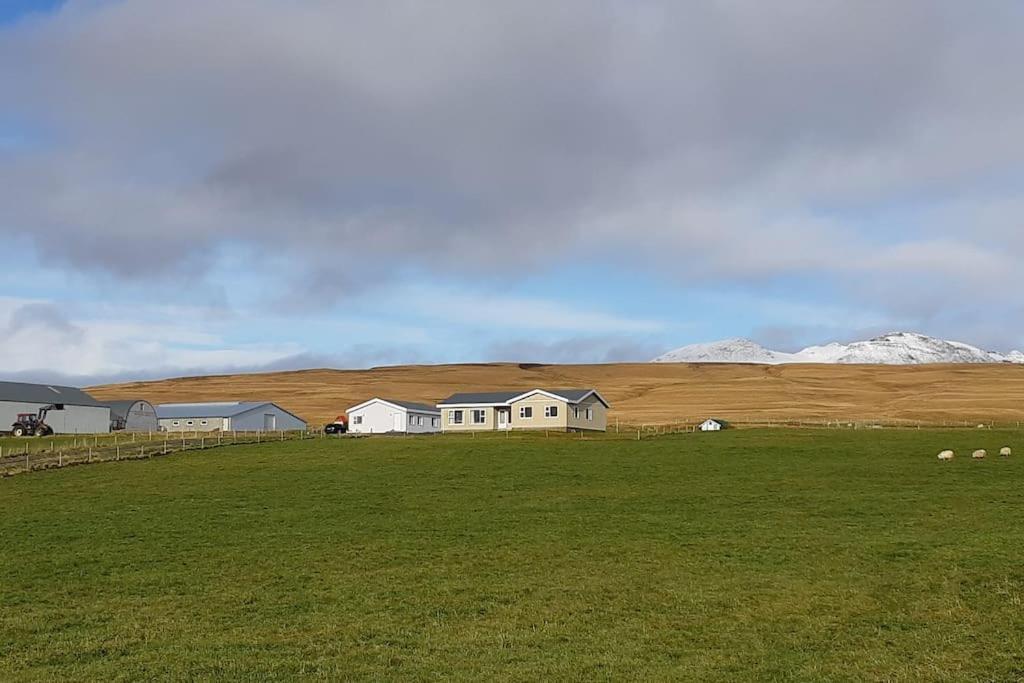 una casa en un campo con montañas en el fondo en Countryhouse with great view on Eyjafjallajökull, en Hvolsvöllur