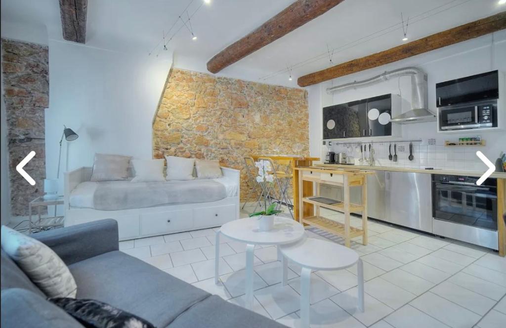 un salon avec un canapé et une table dans l'établissement Appartement Canne 1 chambre - 12RP, à Cannes