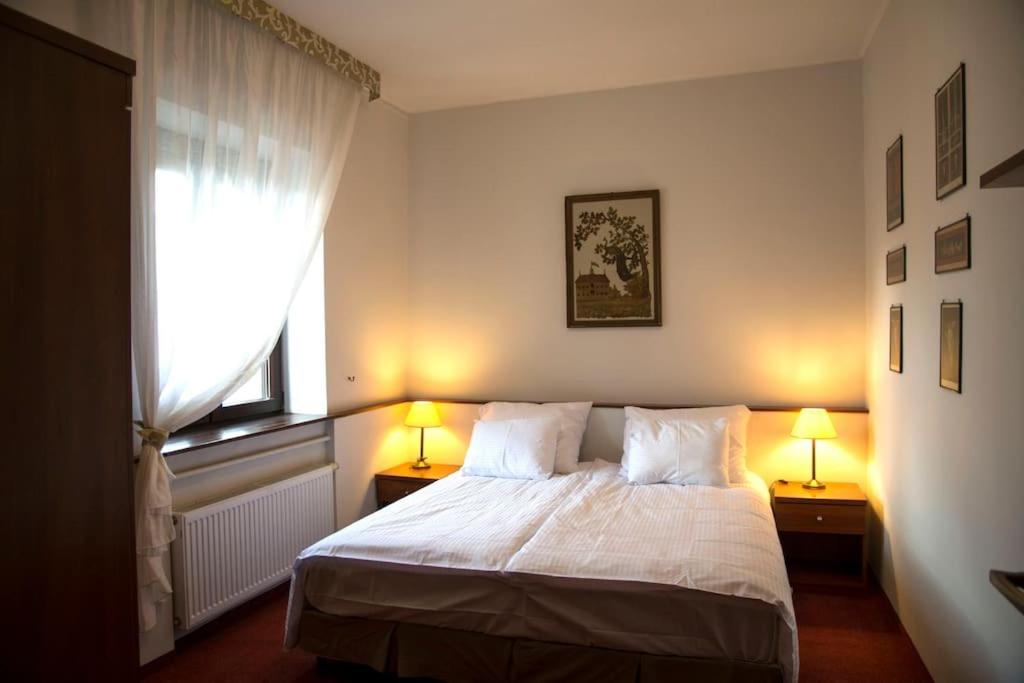 Kompleksowo wyposażony apartament w centrum في كراكوف: غرفة نوم بسرير ومصباح ونافذة