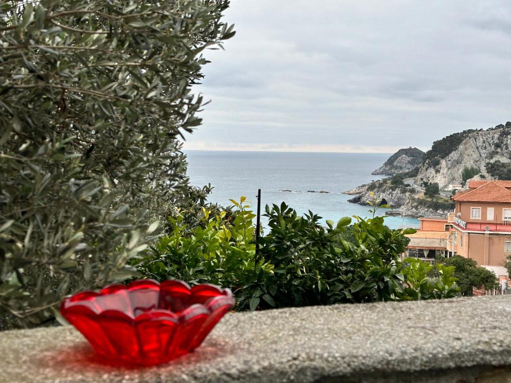 a red bowl sitting on a ledge near the ocean at Casa del sasso in Bergeggi