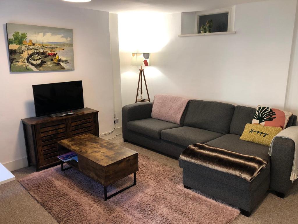 Una sala de estar con un sofá y un televisor. en Seaside Flat With Sunny Garden., en Brighton & Hove