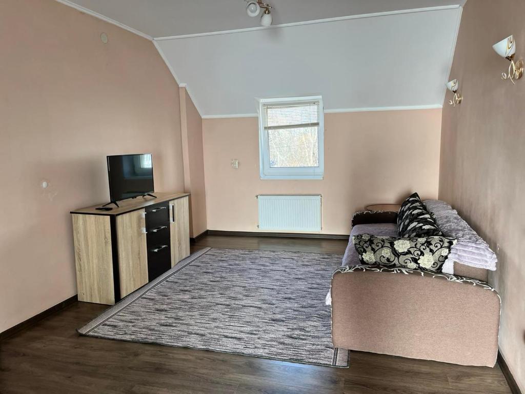 ein Wohnzimmer mit einem Sofa und einem TV in der Unterkunft Sweet Apartment in Truskawez