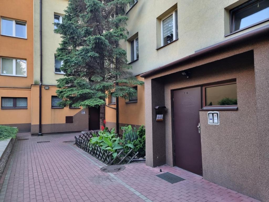 un arbre à côté d'un bâtiment avec garage dans l'établissement Apartament w centrum Radomia, à Radom