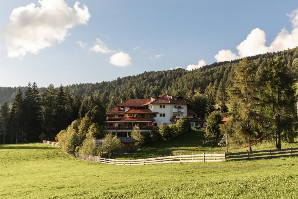 een groot huis op een heuvel in een veld bij Berghotel zum Zirm in Collalbo