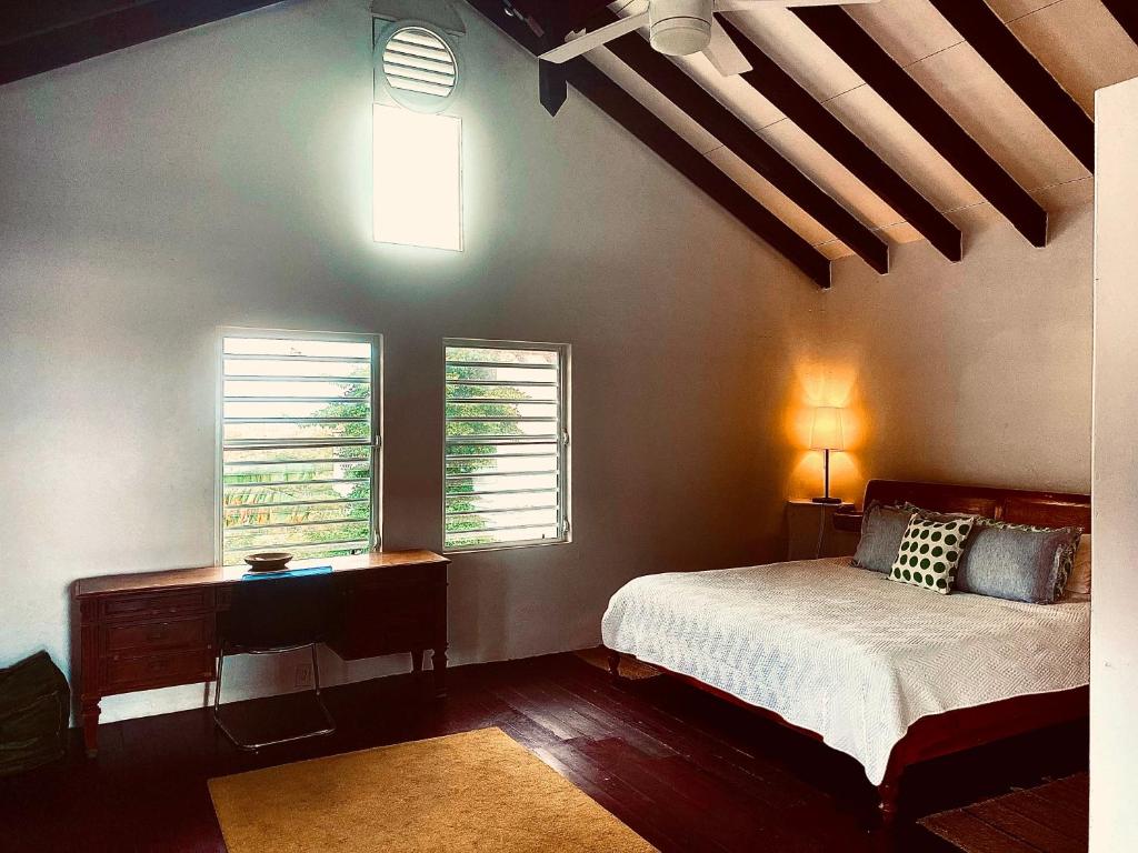 a bedroom with a bed and two windows at Estate Lowry Hill in Christiansted