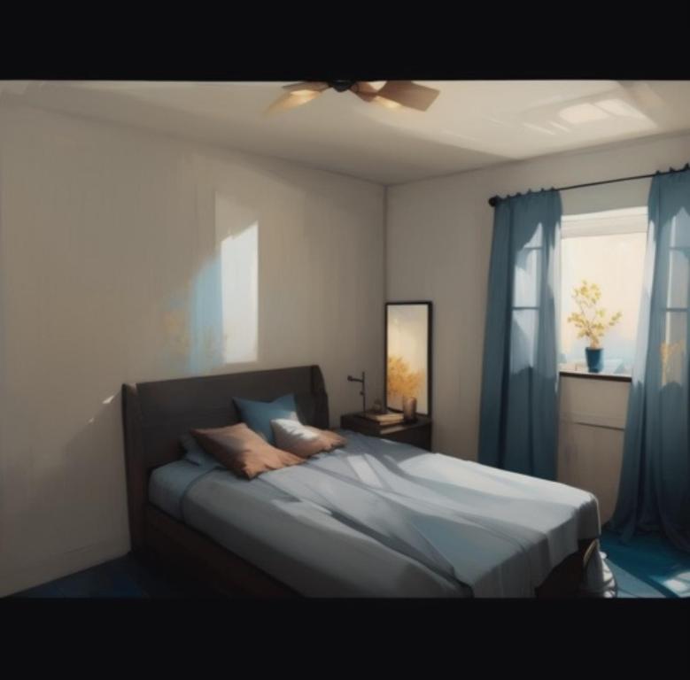 Schlafzimmer mit einem Bett mit blauen Vorhängen und einem Fenster in der Unterkunft Messe/EventApartment in Hannover