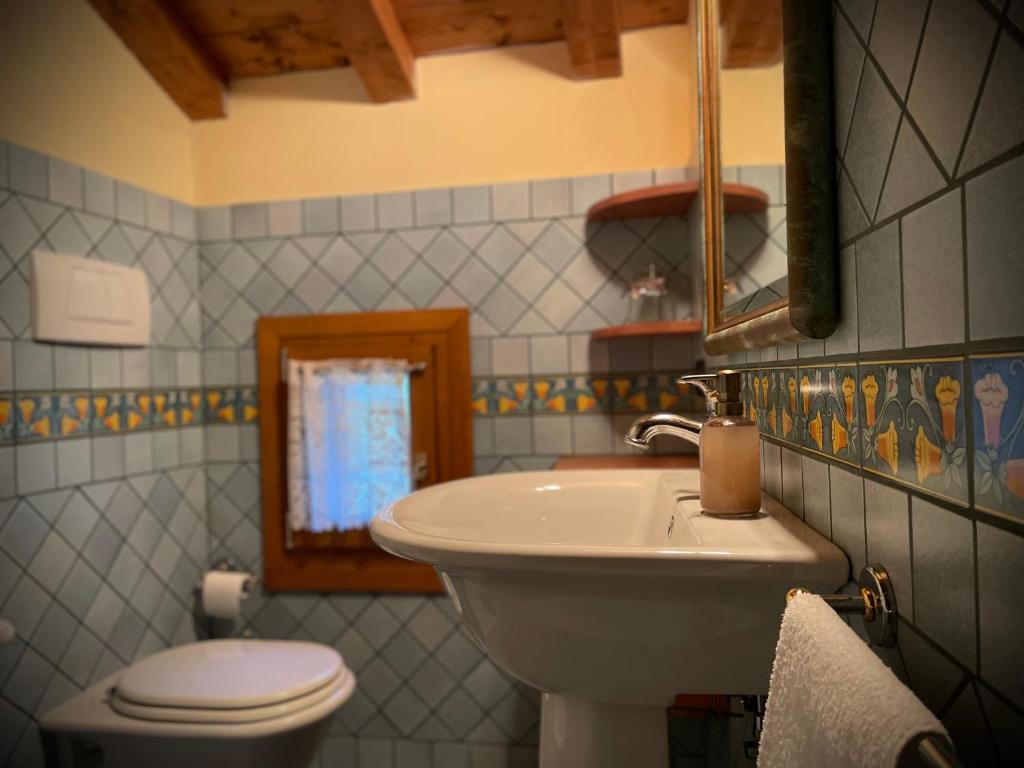 bagno con lavandino, servizi igienici e specchio di Villa Contrà Facci - Strada 52 gallerie del Pasubio a Schio
