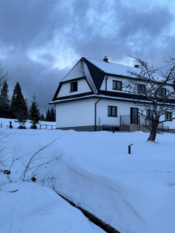 ein weißes Haus mit Schnee davor in der Unterkunft Orawska Knieja 2.0 in Lipnica Wielka