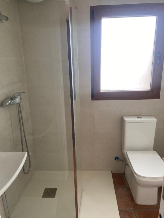 a bathroom with a shower and a toilet and a window at Villa Arriba in Periana