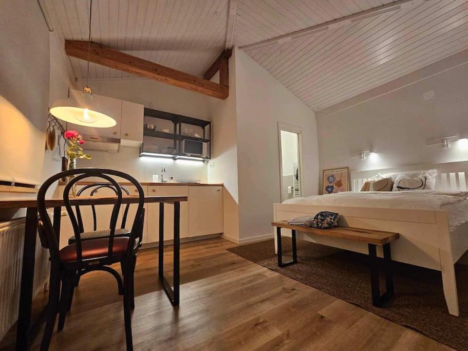 ein Schlafzimmer mit einem Bett und einem Tisch sowie eine Küche in der Unterkunft Studio Apartment Jož' 