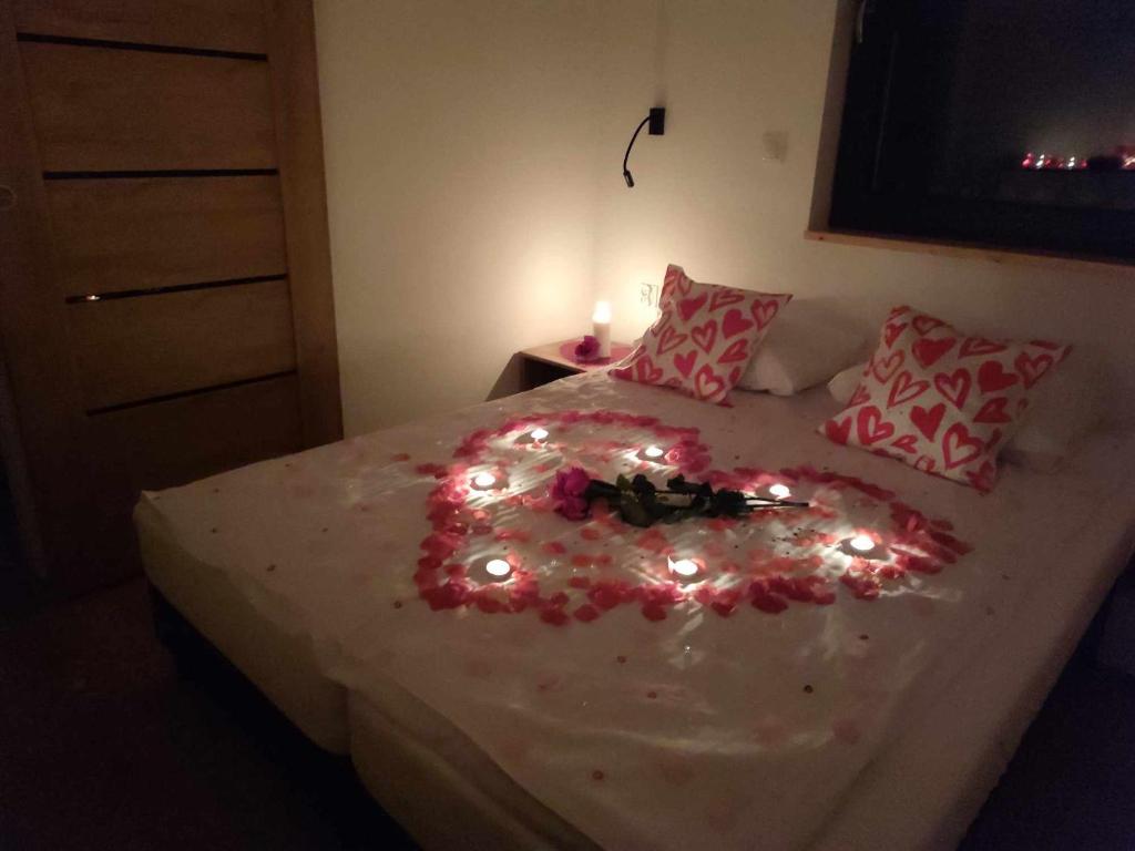 Un dormitorio con una cama con luces. en Noclegi u Szymonków - Zator Przeciszów, en Przeciszów