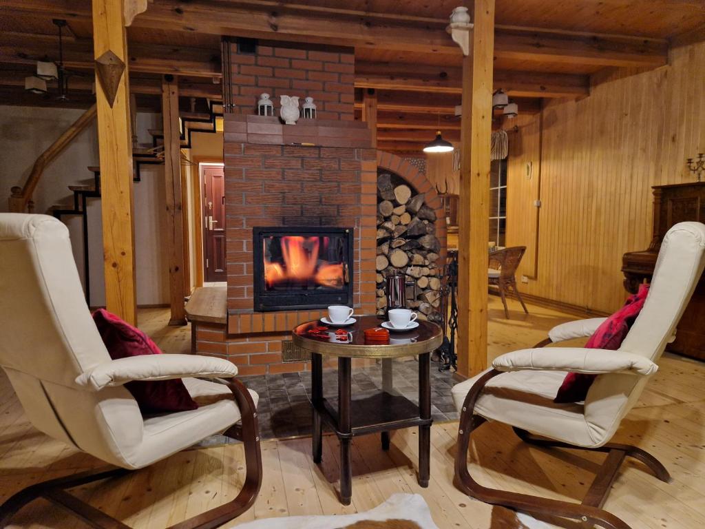 a living room with two chairs and a fireplace at Gaj-Raj in Łąkorz