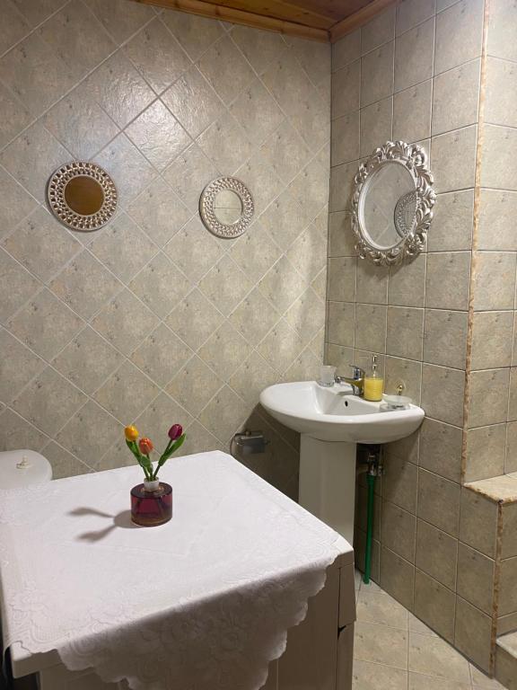 a bathroom with a sink and a toilet and a mirror at Panoramic View Guest House in Gjirokastër