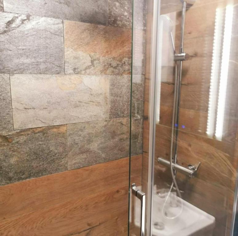 uma casa de banho com uma cabina de duche em vidro e um WC. em Rynek 23 LUX, apartament z widokiem na ratusz Starego Miasta em Gliwice