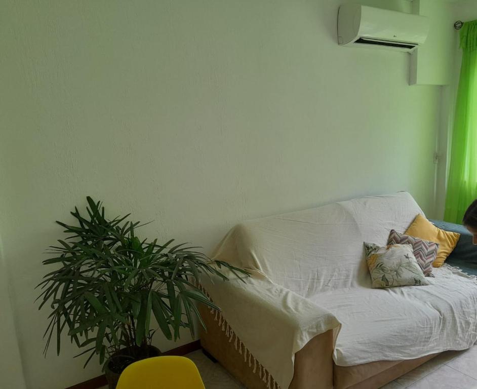 a white couch in a room with a plant at Apartamento Aconchegante na Zona Sul, Botafogo Rj in Rio de Janeiro