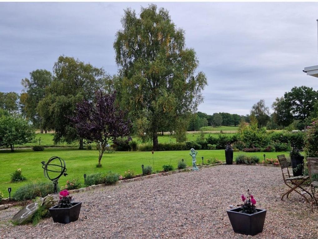 a garden with a park with trees and grass at Höhällets Lantliga Rum in Värnamo