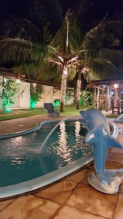 um escorrega aquático de golfinhos numa piscina à noite em Pousada Gostoso Village em São Miguel do Gostoso