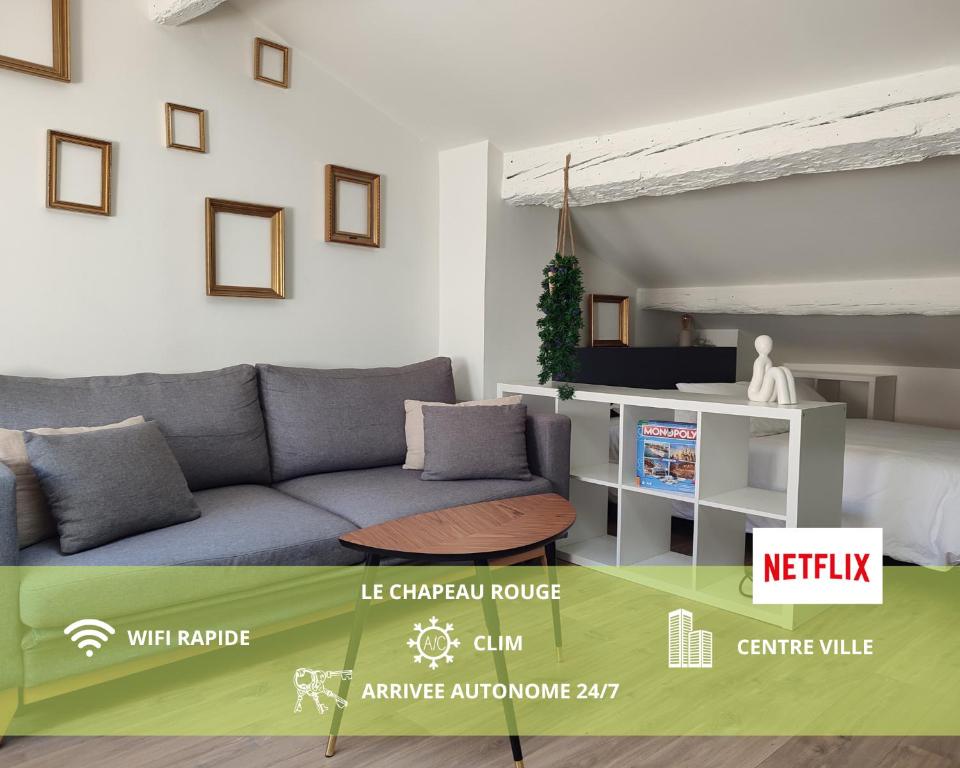 a living room with a couch and a tv at Le Chapeau Rouge au coeur du centre historique in Avignon