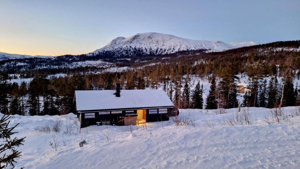een hut in de sneeuw met een berg op de achtergrond bij Sveheim - cabin with an amazing view in Flå