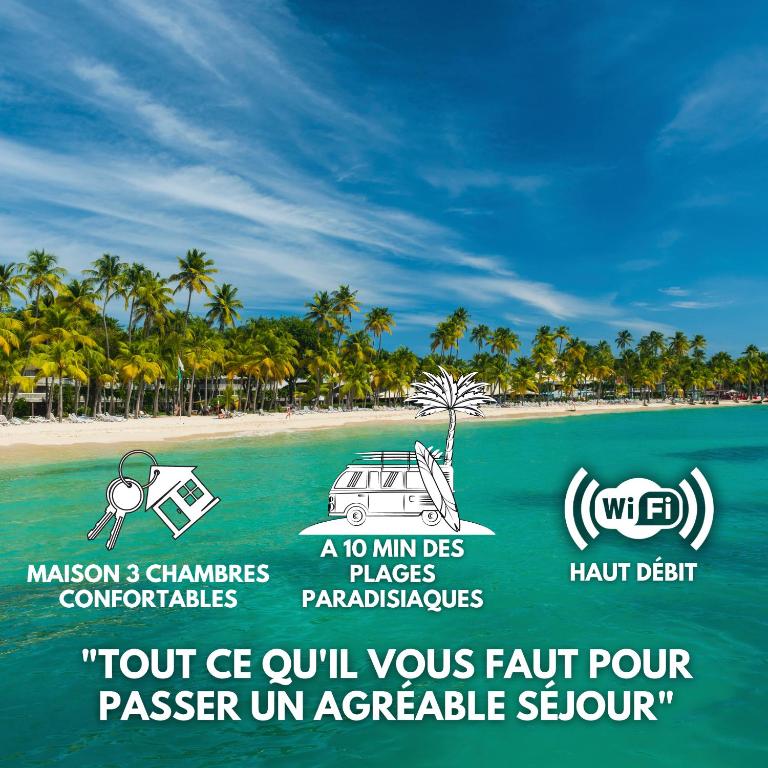 a sign for a beach with a boat in the water at Charmante Maison 10min de la mer in Sainte-Anne