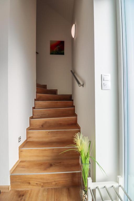 a staircase in a house with wooden floors and a window at Apartmány Mikulovské zahrady in Mikulov